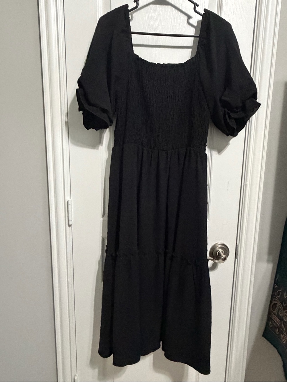 Black Smocked Square Neck Puff Sleeve Tiered Maxi Dress L